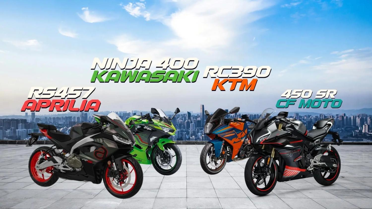 Aprilia RS457 vs KTM RC390 vs Ninja 400 vs 450SR | En İyi 400 cc Motorlar Kıyaslaması A2 ehliyetle sürülebilecek en güçlü motosikletler özellikle bu sene içinde oldukça çoğaldı. Yeni model olarak ilk atak CF Moto' dan 450SR olarak gelirken, ardından gelen Aprilia RS457 modeli de bu piyasada ben de varım dedi. Uzun zamandır üretimde olan KTM RC390 ve Kawasaki Ninja 400 modelleri ile de bu yeni çıkan modellerin kıyaslamalarını detaylı bir şekilde siz değerli motosiklet kullanıcılarına ve meraklılarına sunuyoruz. İşte karşınızda Aprilia RS457, KTM RC390, Kawasaki Ninja 400 ve CF Moto 450SR detaylı kıyaslamaları: