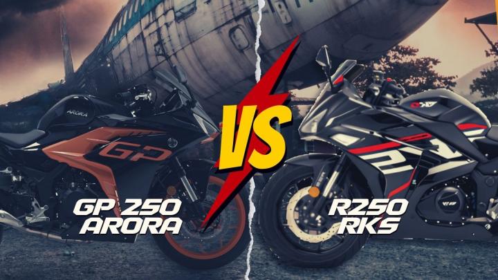 RKS R250 vs ARORA GP250 Kaşrılaştırması : GÜÇ 24hp  32hp, TORK 23nm.  21.8nm. , LASTİK 120-70-17 / 150-70-17  110/70-17 - 150/60-17, TOP SPEED 171km/h  160km/h,