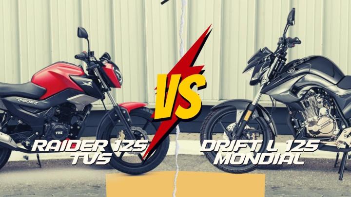 TVS Raider 125 vs Mondial Drift L 125 Kıyaslaması : GÜÇ 12.9hp  11hp  TORK 11.5nm.  9nm., AĞIRLIK 120kg  130kg  FREN Disk / Kampana  (CBS) Disk / Disk, LASTİK 8
