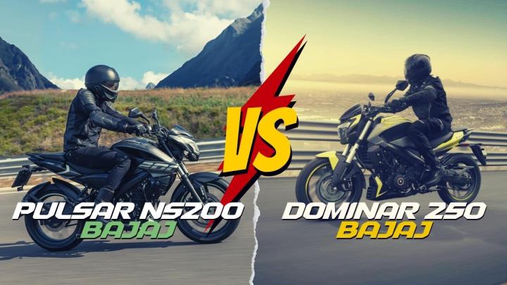 Bajaj Pulsar NS 200 vs Bajaj Dominar D 250 Kıyaslaması : GÜÇ 24.4hp  27hp  TORK 18.3nm.  23.5nm.  MOTOR HACMİ 200cc  250cc, AĞIRLIK 158kg  180kg  FREN Ön ve Ark