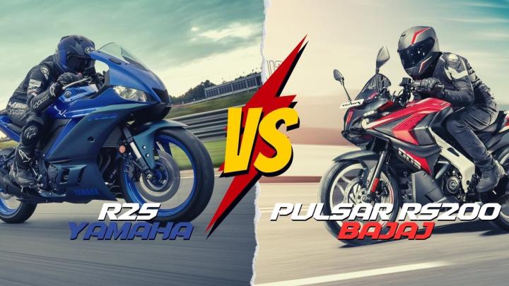 Yamaha R25 vs Bajaj Pulsar RS200 Kıyaslaması : GÜÇ 35.9hp  24.4hp  TORK 22.6nm.  18.3nm.  MOTOR HACMİ 250cc  200cc, AĞIRLIK 156kg  154kg  FREN Ön hidrolik tek d