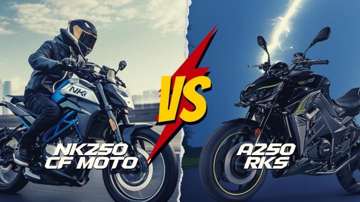 <p>CF MOTO 250NK vs RKS A250 Kıyaslaması : GÜÇ 27.8hp  24.6hp  TORK 22nm.  23.4nm., AĞIRLIK 151kg  174kg  FREN Ön 292mm disk 4 pistonlu kaliper, Arka 220mm disk tek pistonlu kaliper ABS (CF MOTO kaliperler)  Disk / Disk (ABS)  SELE 79.5cm  79cm  LASTİK 110/70-17 ön, 140/60-17 arka lastik ebatları  120-70-17, 150-70-17  AYDINLATMA Full led donanım  Ful Led Donanım  MOTOR TİPİ Naked  Naked,TOP SPEED 165km/h  180km/h  FİYAT 122369TL  165984TL  YAKIT KAPASİTESİ 12.5 litre  17 litre  YAKIT TÜKETİMİ 3.7 litre  4.2 litre  SUBAP Tek Silindir, 4 Subaplı  Çift Silindir, 8 Subaplı</p>