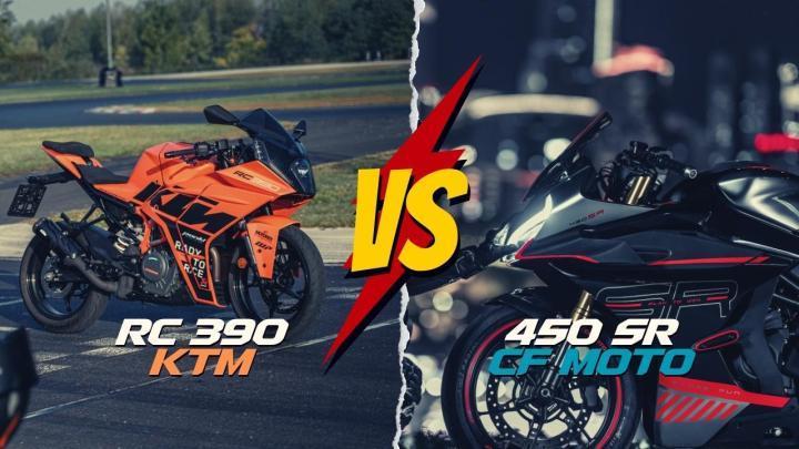 KTM RC 390 ve CF MOTO 450 SR Karşılaştırması :GÜÇ 44hp  50hp  TORK 35nm.  39nm.  MOTOR HACMİ 400cc  450cc  SOĞUTMA Sıvı Soğutma Sıvı Soğutma  AĞIRLIK 149kg  152
